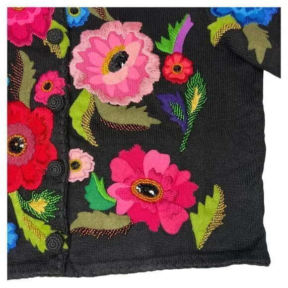 MICHAEL SIMON Embroidered‎ Floral Sweater Cardigan Size Medium
